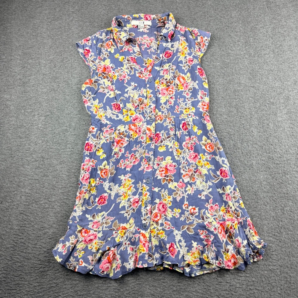 XXI Forever 21 Floral Button Front Mini Dress Small Blue Pink Sleeveless Ruffle